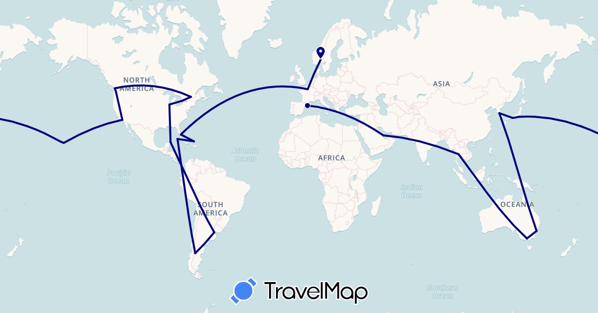 TravelMap itinerary: driving in Argentina, Australia, Bahamas, Canada, Cuba, Spain, France, Japan, South Korea, Mexico, Norway, Qatar, Turks and Caicos Islands, Thailand, United States (Asia, Europe, North America, Oceania, South America)